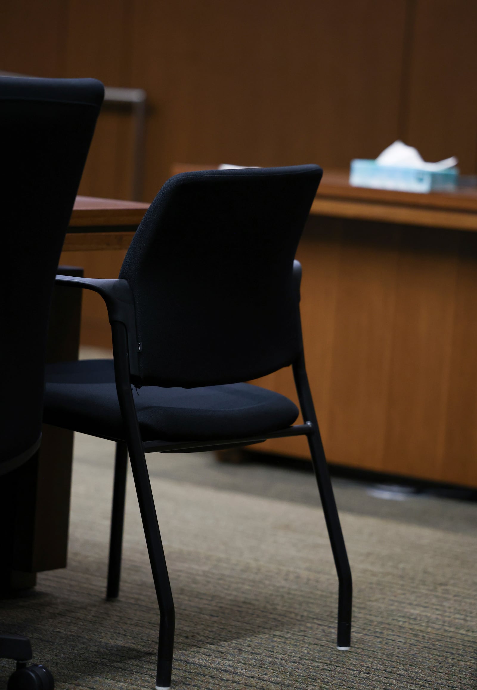 The chair where Robert E. Crimo III would have sat remains empty at the defense table after he chose not to attend his sentencing hearing at the Lake County Courthouse in Waukegan, Ill., Thursday, April 24, 2025. (Stacey Wescott/Chicago Tribune via AP, Pool)
