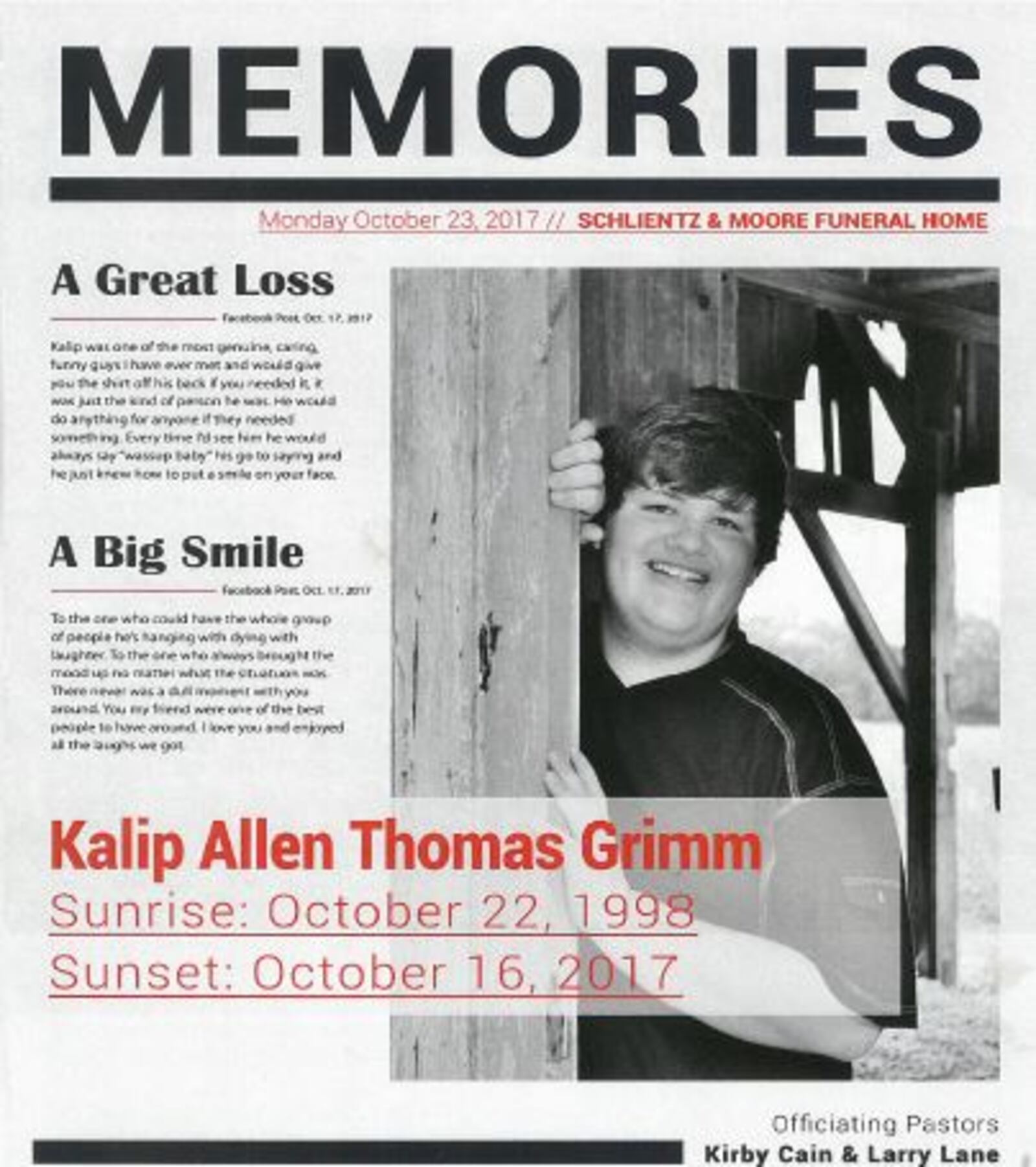 A memorial pamphlet honoring Kalip Grimm, a Miaimisburg teen killed in a wrong-way crash on I-675 Monday.