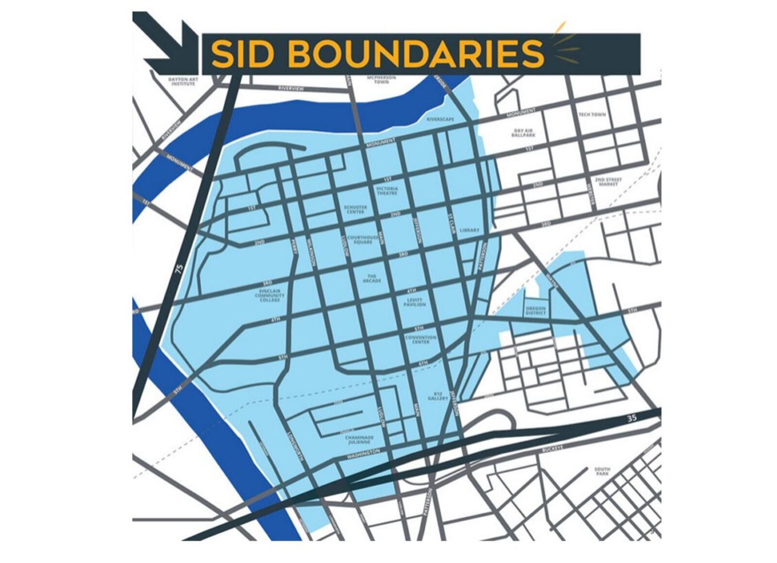 A map showing the boundaries of the downtown Dayton special improvement district (SID). CONTRIBUTED