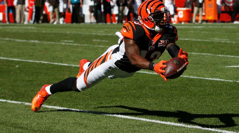 CLEVELAND, OH - OCTOBER 01: George Iloka #43 of the Cincinnati Bengals makes a diving catch in the second half against the Cleveland Browns at FirstEnergy Stadium on October 1, 2017 in Cleveland, Ohio. (Photo by Justin Aller /Getty Images)