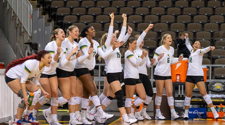 The Wright State University volleyball team celebrates during their Horizon League tournament semifinal game against Youngstown State on Saturday, Nov. 22, 2025 at Northern Kentucky University. NICK PHILLIPS / CONTRIBUTED PHOTO