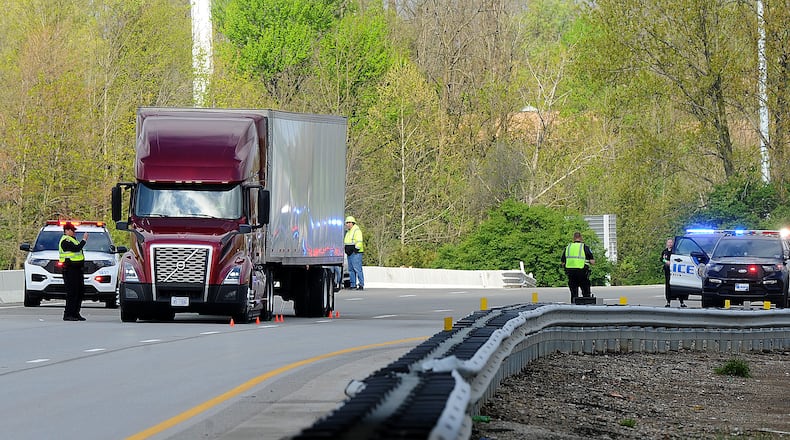 Beavercreek police are on the scene of a crash involving a pedestrian on U.S. 35 Wednesday morning, April 24, 2024. The incident closed the eastbound lanes of U.S. 35 at the Interstate 675 intersection. MARSHALL GORBY\STAFF