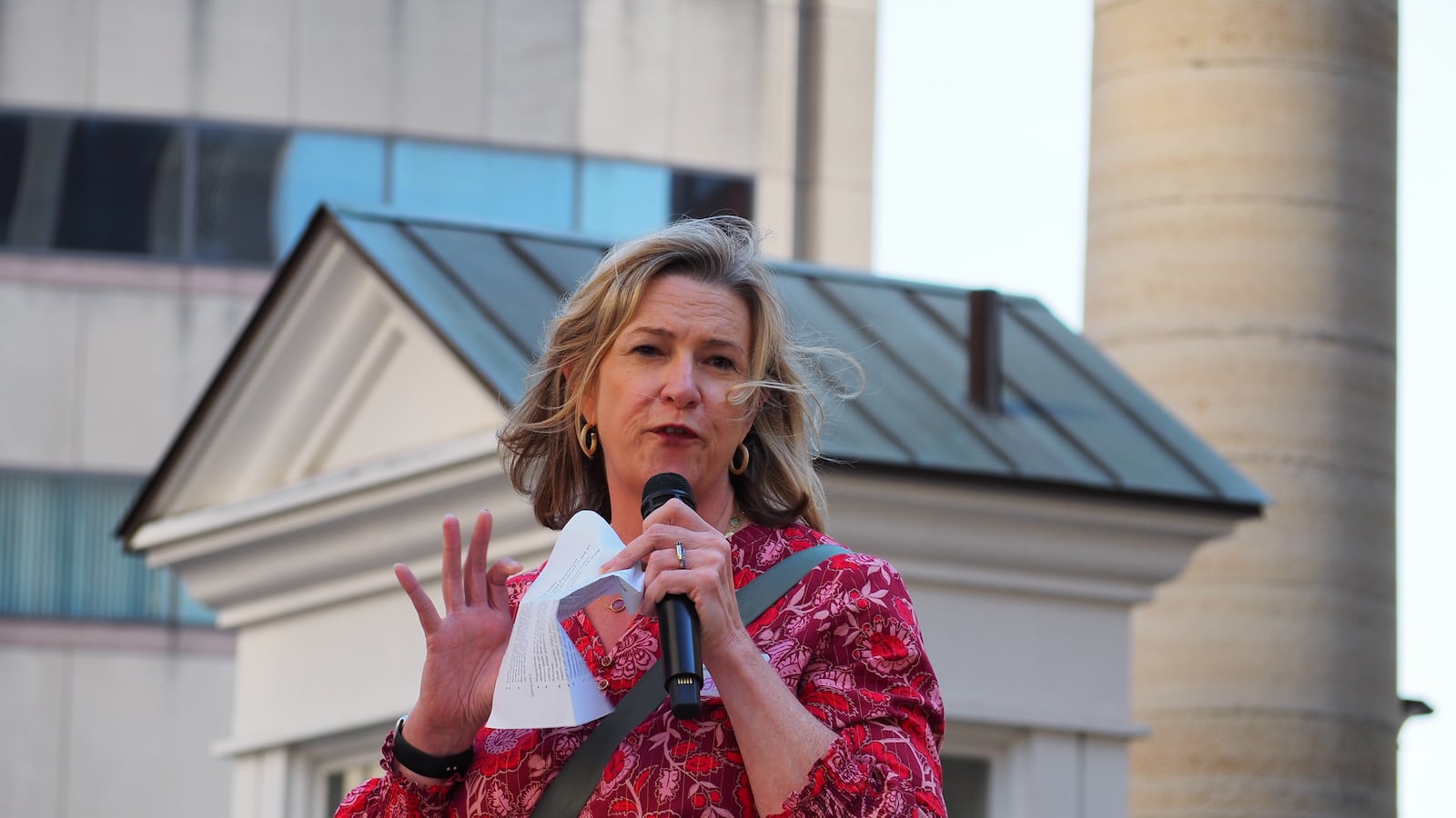 Former Dayton mayor and president and CEO of Planned Parenthood Southwest Ohio Region, Nan Whaley, spoke at the beginning of the "No Kings" Protest on Saturday, Oct. 18, 2025 at Courthouse Square in downtown Dayton. BRYN DIPPOLD/STAFF