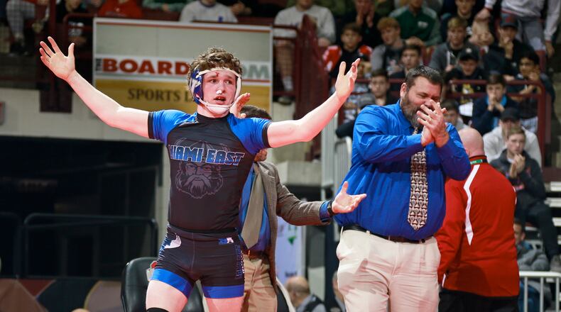 Graham Shore of Miami East won a D-III state championship at 120 pounds during the OHSAA State Wrestling Tournament at Value City Arena in Columbus last month. BARBARA J. PERENIC / COLUMBUS DISPATCH