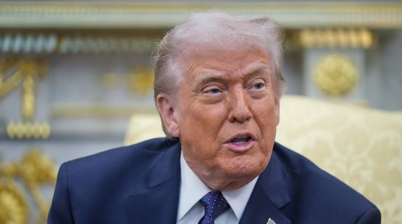 President Donald Trump speaks during a meeting with German Chancellor Friedrich Merz in the Oval Office at the White House, Tuesday, March 3, 2026, in Washington. (AP Photo/Mark Schiefelbein)