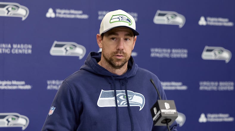 Seattle Seahawks offensive coordinator Klint Kubiak speaks during news conference at the team's facilities, Thursday, Jan. 22, 2026, in Seattle. (AP Photo/John Froschauer)