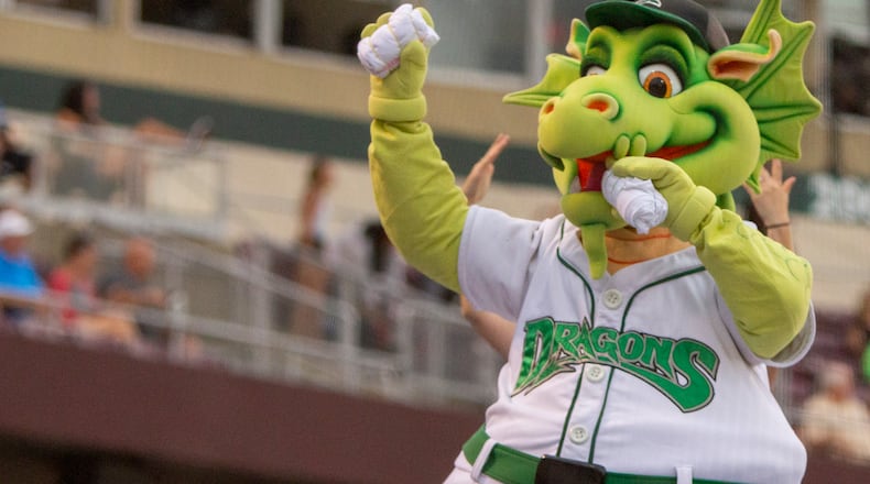 Heater isn't going on the field yet between innings, but he and fellow Dragons mascot Gem are throwing T-shirts to fans from the top of the dugouts. Jeff Gilbert/CONTRIBUTED