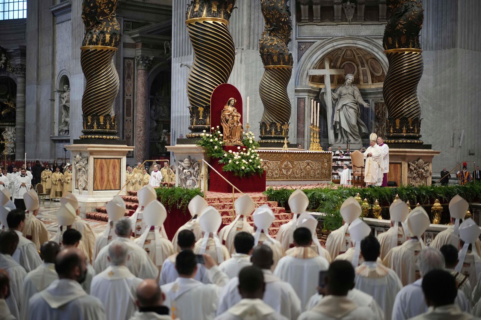 Delegate of the Holy Father, Cardinal Domenico Calcagno presides over the Chrism Mass on Ash St. Peter's Basilica at The Vatican, Thursday, April. 17, 2025. (AP Photo/Andrew Medichini)