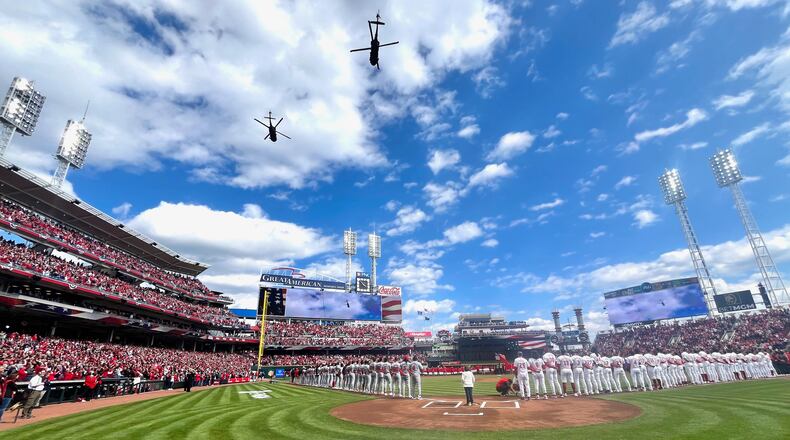 The scene on Opening Day before a Reds game against the Nationals on Thursday, March 28, 2024, at Great American Ball Park in Cincinnati. David Jablonski/Staff