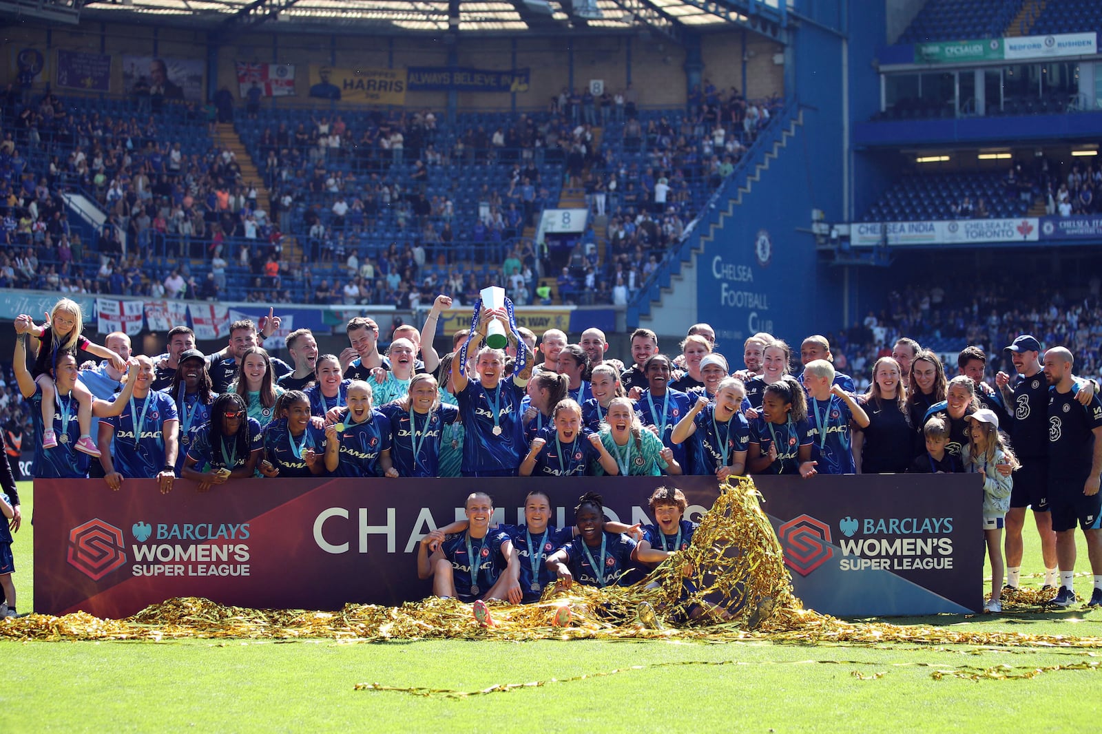 Chelsea lift the Women's Super League trophy at Stamford Bridge, London, Saturday May 10, 2025. (Rhianna Chadwick/PA via AP)