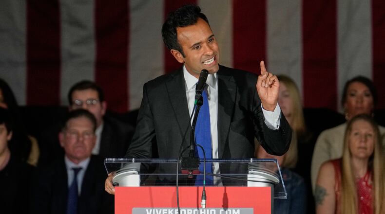 Vivek Ramaswamy, a Republican candidate for governor of Ohio, speaks at a rally Wednesday, Jan. 7, 2026, in Cleveland. (AP Photo/Sue Ogrocki)