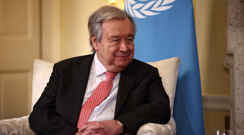 UN Secretary General António Guterres is welcomed by Britain's Prime Minister Keir Starmer to 10 Downing Street, London, Friday, Jan. 16, 2026. (Henry Nicholls/Pool Photo via AP)