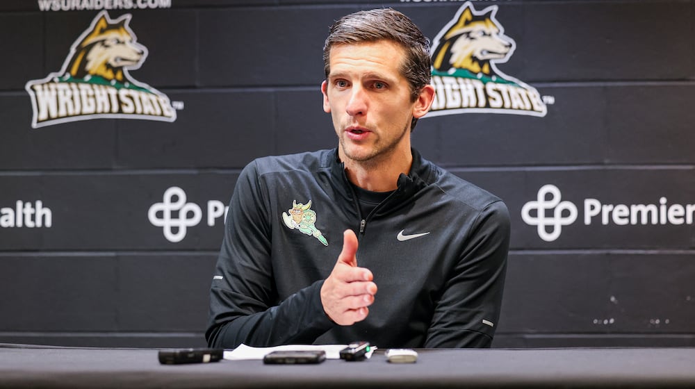 Wright State coach Clint Sargent talks to reporters after an 86-37 win over Franklin College on Monday, Nov. 3 at Ervin J. Nutter Center in Fairborn. BRYANT BILLING/STAFF