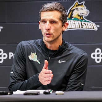 Wright State coach Clint Sargent talks to reporters after an 86-37 win over Franklin College on Monday, Nov. 3 at Ervin J. Nutter Center in Fairborn. BRYANT BILLING/STAFF