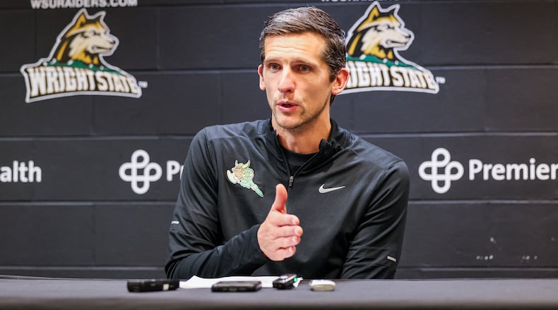 Wright State coach Clint Sargent talks to reporters after an 86-37 win over Franklin College on Monday, Nov. 3 at Ervin J. Nutter Center in Fairborn. BRYANT BILLING/STAFF