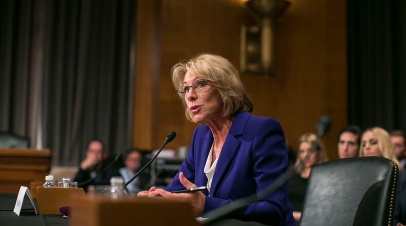 Betsy DeVos, Donald Trumps nominee for education secretary, testifies at her confirmation hearing before the Senate Health, Education, Labor and Pensions Committee on Capitol Hill, in Washington, Jan. 17, 2017. DeVos defended her work steering taxpayer dollars from traditional public schools at her hearing, arguing that it was time to move away from a one size fits all system. (Al Drago/The New York Times)