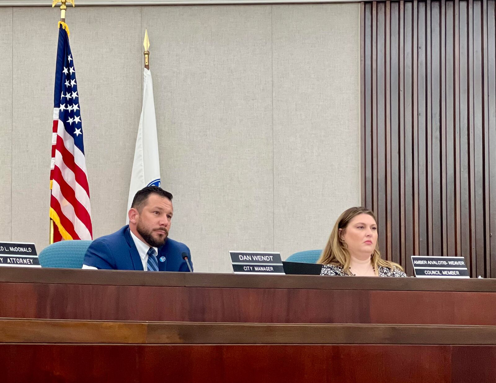 Vandalia City Manager Dan Wendt, left, listens as residents address council as part of a public comment segment during a special meeting held Wednesday, June 5, 2024. AIMEE HANCOCK/STAFF