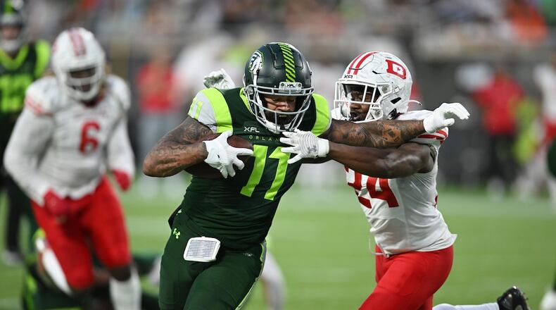 Cody Latimer of the Orlando Guardians fights for yardage against the DC Defenders on April 1, 2023. XFL/Orlando Guardians