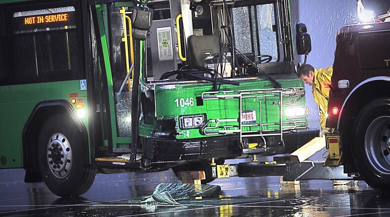 Minor injuries were reported after an RTA bus was involved in a crash at the Crocs Distribution Center on Dog Leg Road in Butler Twp. STAFF PHOTO / MARSHALL GORBY