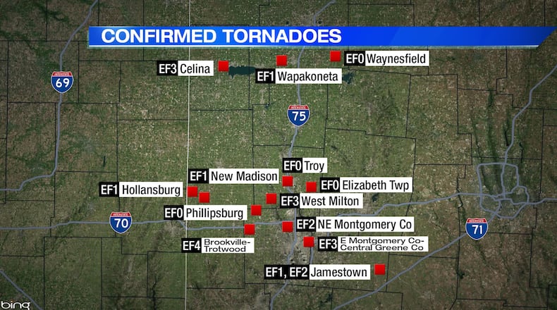 This map shows where a record-breaking 14 tornadoes different tornado locations.