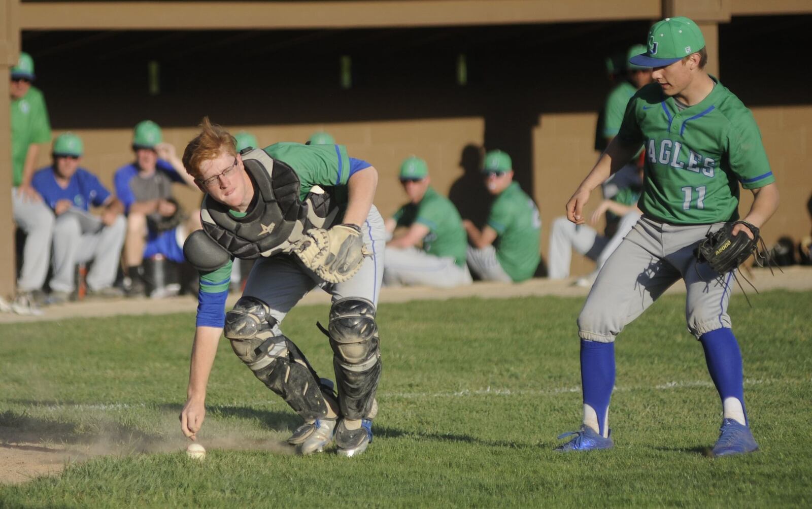 Chaminade Julienne catcher Ben Thomas beats pitcher Andrew Simones to the ball. Fenwick defeated CJ 10-6 in a high school baseball game at Howell All-Star Field in Dayton on Tue., May 1, 2018. MARC PENDLETON / STAFF