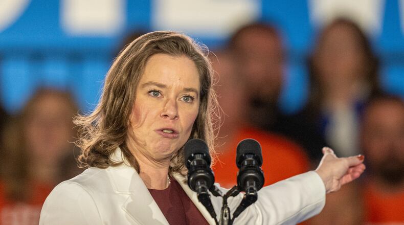 FILE - Wisconsin Lt. Gov. Sara Rodriguez speaks at a campaign event for Democratic presidential nominee Vice President Kamala Harris, Nov. 1, 2024, in Little Chute, Wis. (AP Photo/Andy Manis, File)