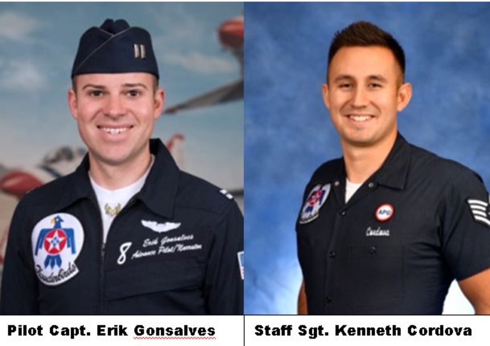 Thunderbirds Pilot Capt. Erik Gonsalves and Tactical Aircraft Maintainer Staff Sgt. Kenneth Cordova were injured in a crash following landing at the Dayton International Airport. PHOTOS AFThunderbirds.com