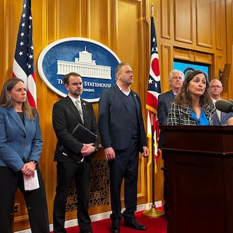 Rep. Andrea White, R-Kettering, delivers a press conference on Feb. 5, 2026, touting her new bill that would streamline and modernize how law enforcement entities and courts report criminal data back to the Ohio attorney general. AVERY KREEMER / STAFF