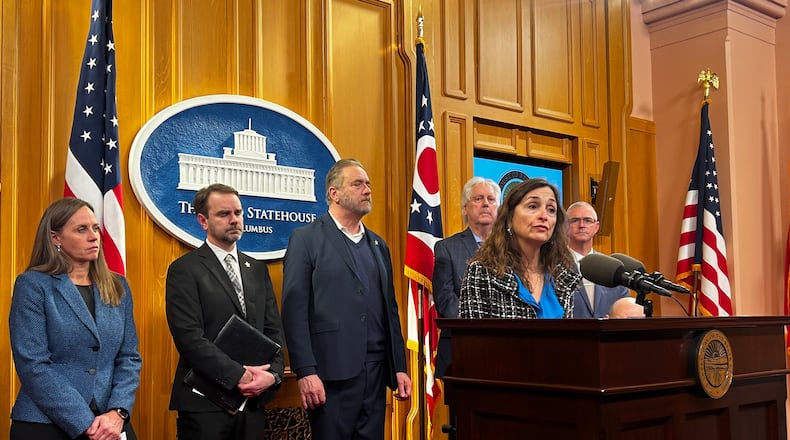 Rep. Andrea White, R-Kettering, delivers a press conference on Feb. 5, 2026, touting her new bill that would streamline and modernize how law enforcement entities and courts report criminal data back to the Ohio attorney general. AVERY KREEMER / STAFF