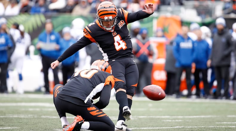 CINCINNATI, OH - OCTOBER 29: Randy Bullock #4 of the Cincinnati Bengals kicks a field goal against the Indianapolis Colts at Paul Brown Stadium on October 29, 2017 in Cincinnati, Ohio. (Photo by Andy Lyons/Getty Images)