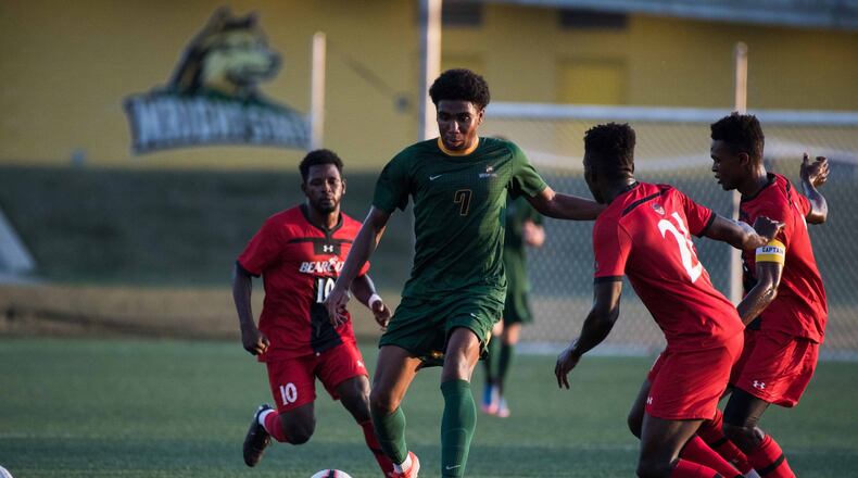 Alec Phillipe (7), shown here vs. Cincinnati, is one of several key players back this season for the Wright State men’s soccer team. Photo courtesy of Wright State Athletics