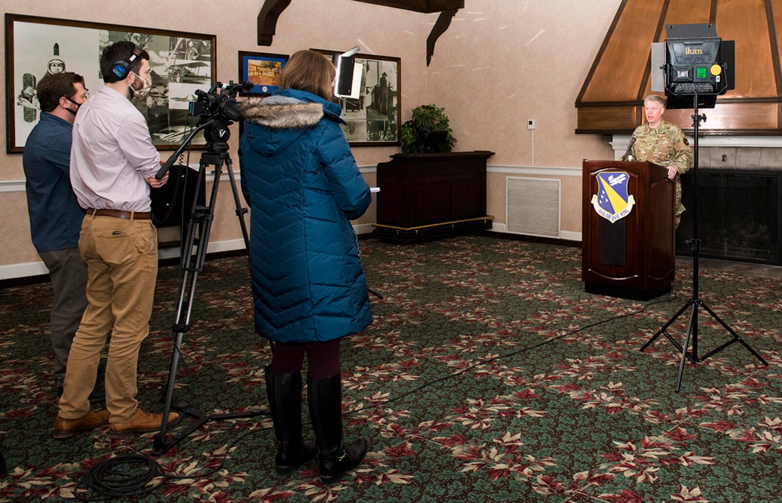 Col. Charles Barkhurst, 88th Air Base Wing vice commander, responds to questions during a mock press conference following the active-shooter exercise Feb. 23 at Wright-Patterson Air Force Base. The simulation provided media training to base leadership and the 88 ABW public affairs team. U.S. AIR FORCE PHOTO/JAIMA FOGG