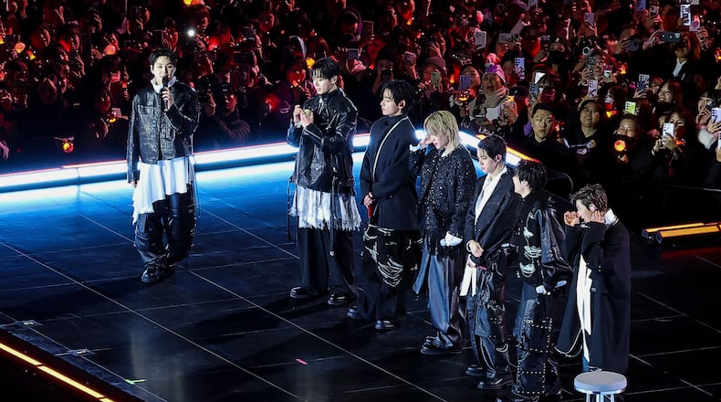 Kpop group BTS on stage during 'BTS The Comeback Live Arirang' concert in central Seoul, South Korea, March 21, 2026. (Kim Hong-Ji/Pool Photo via AP)