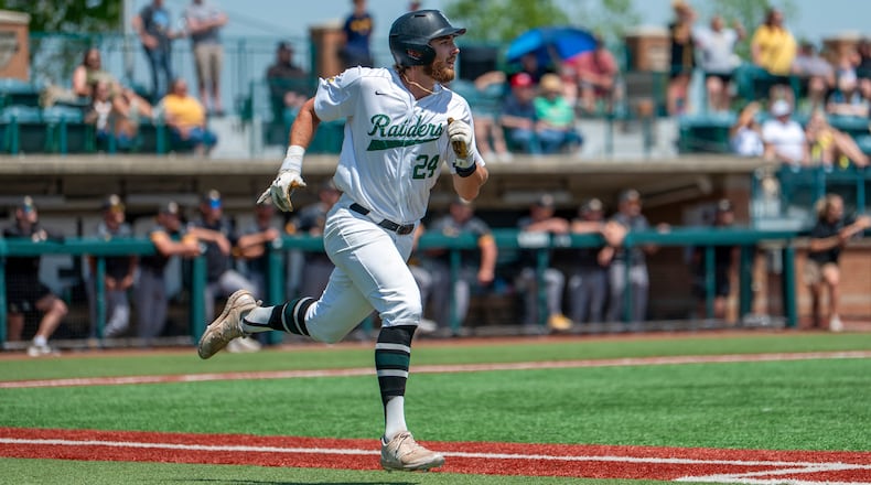 Wright State University's Luke Arnold, a senior shortstop from Lebanon, runs to first base during a recent game. WRIGHT STATE ATHLETICS / CONTRIBUTED PHOTO