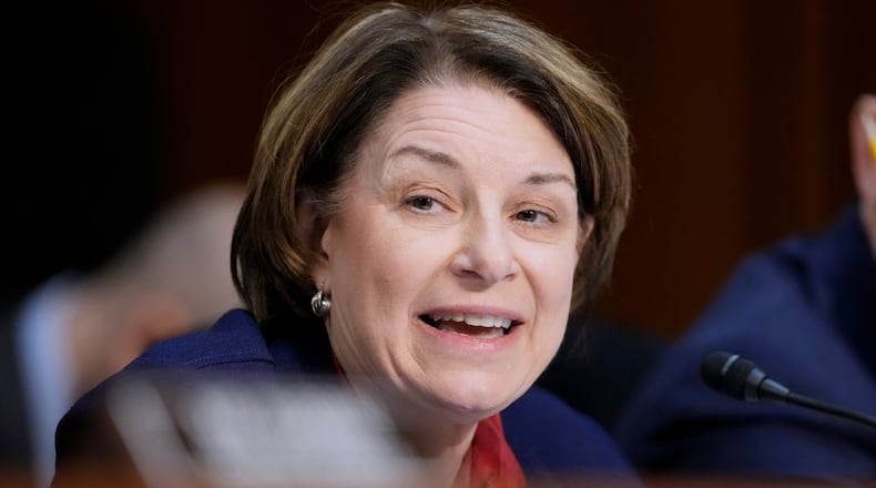 FILE - Sen. Amy Klobuchar, D-Minn., speaks during a confirmation hearing before the Senate Judiciary Committee for Kash Patel, President Donald Trump's choice to be director of the FBI, at the Capitol in Washington, Jan. 30, 2025. (AP Photo/Ben Curtis, File)