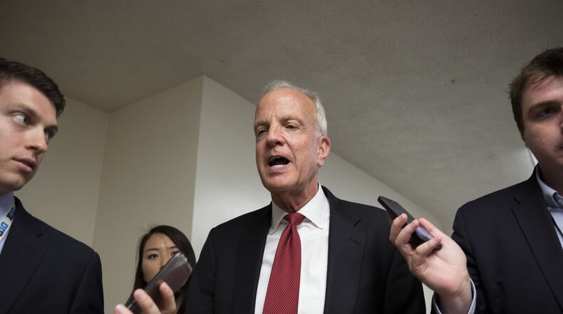 Sen. Jerry Moran (R-Kan.), who the day before had come out against the Senate’s health care bill, on Capitol Hill in Washington, July 18, 2017. On Tuesday, other Republican senators said they could not support any repeal of the Affordable Care Act without a replacement, and President Donald Trump said his plan was now to “let Obamacare fail.” (Tom Brenner/The New York Times)