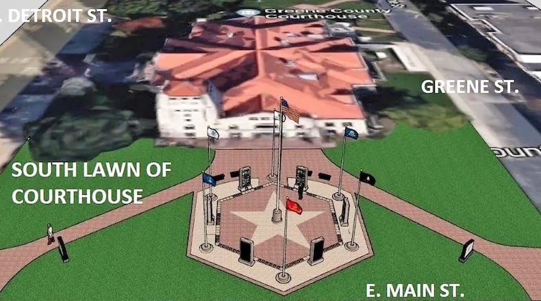 A rendering of the Greene County Veterans Memorial, a hexagonal plaza around the flagpole, located on the south side of the courthouse between North Detroit Street and Greene Street.