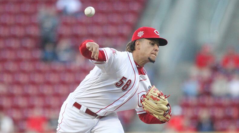 Reds starter Luis Castillo pitches against the Marlins on Tuesday, April 9, 2019, at Great American Ball Park in Cincinnati.