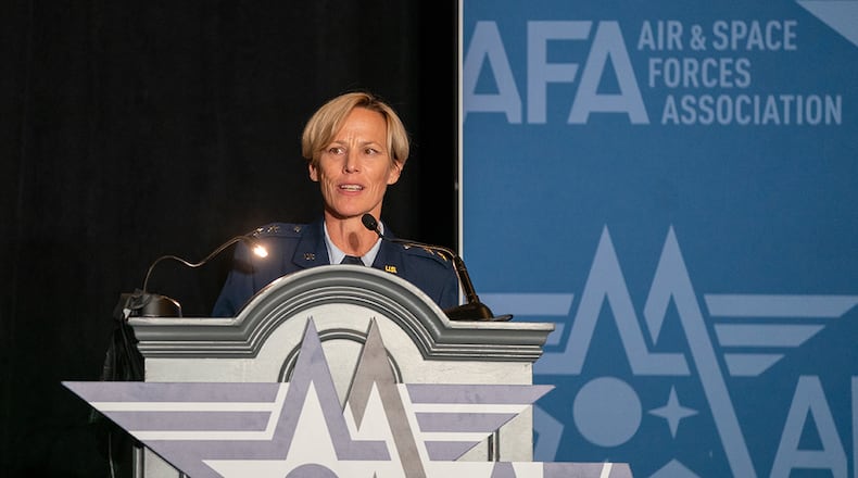 Air Force Research Laboratory Commander Maj. Gen. Heather Pringle moderates a future of propulsion panel Sept. 21 during the Air and Space Force Association’s, Air, Space and Cyber Conference at the Gaylord National Resort and Convention Center in National Harbor, Maryland. (U.S. Air Force photo/Cherie Cullen)