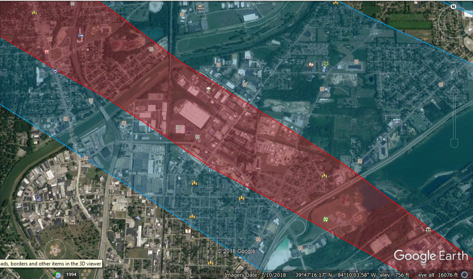 An aerial overlay that shows the tornado's path on the ground in red and the extent of the funnel circulation in the air in blue as determined by the National Weather Service and mapping provided by Google Earth. (CONTRIBUTED)
