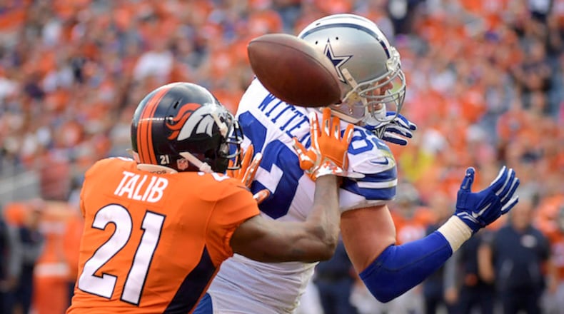 Denver Broncos cornerback Aqib Talib (21) breaks up a pass in the end zone to Dallas Cowboys tight end Jason Witten on September 17, 2017, at Sports Authority Field at Mile High in Denver, Colo. (Max Faulkner/Fort Worth Star-Telegram/TNS)