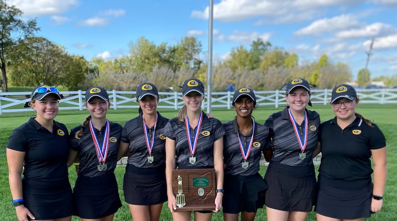 The Centerville girls golf team with their Division I district runner-up trophy. The Elks are playing in the state tournament for the seventh straight year. CONTRIBUTED PHOTO