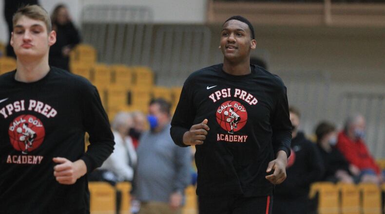 Shawn Phillips plays for Ypsi Prep Academy in the Top Gun Showcase on March 8, 2021, at Butler High School in Vandalia. David Jablonski/Staff