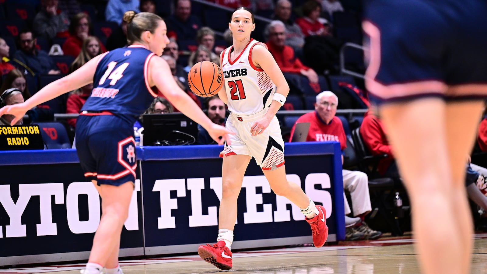 Dayton's Nicole Stephens dribbles the ball up the floor during their game against Richmond on Wednesday, Jan. 14 at UD Arena. ERIK SCHELKUN / CONTRIBUTED PHOTO