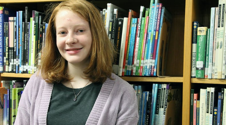 Centerville eighth-grader student Madeline Thomas won the Dayton Area Spelling Bee this month and qualified for an all-expense-paid trip to the Scripps National Spelling Bee in Washington, D.C., at the end of May. CONTRIBUTED