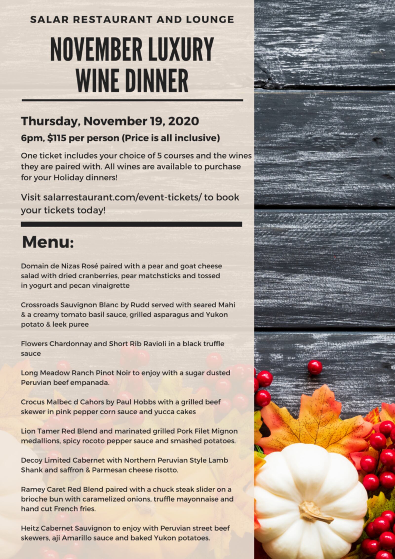 The menu for Salar's upcoming wine dinner.