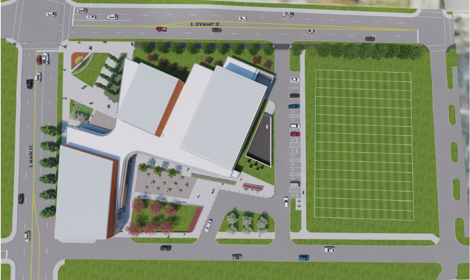 A proposed site map for the University of Dayton's center for the arts at East Stewart and South Main streets. CONTRIBUTED