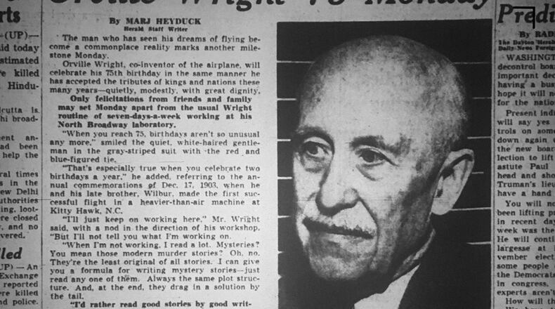 Days before Orville Wright would celebrate his 75th birthday on August 19, 1946, Marj Heyduck, a reporter for the Dayton Herald, interviewed him for a story commemorating the occasion.