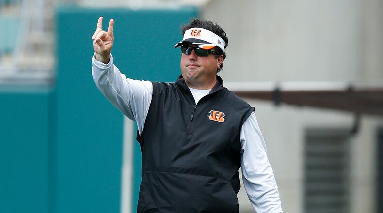 CINCINNATI, OH - JUNE 3: Defensive coordinator Paul Guenther of the Cincinnati Bengals looks on during an organized team activity (OTA) workout at Paul Brown Stadium on June 3, 2014 in Cincinnati, Ohio. (Photo by Joe Robbins/Getty Images)