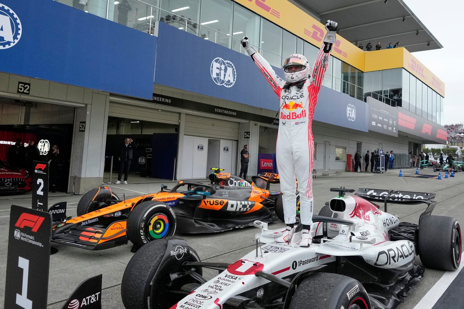 Red Bull driver Max Verstappen of the Netherlands celebrates after the Japanese Formula One Grand Prix at the Suzuka Circuit in Suzuka, central Japan, Sunday, April 6, 2025. (AP Photo/Shuji Kajiyama)